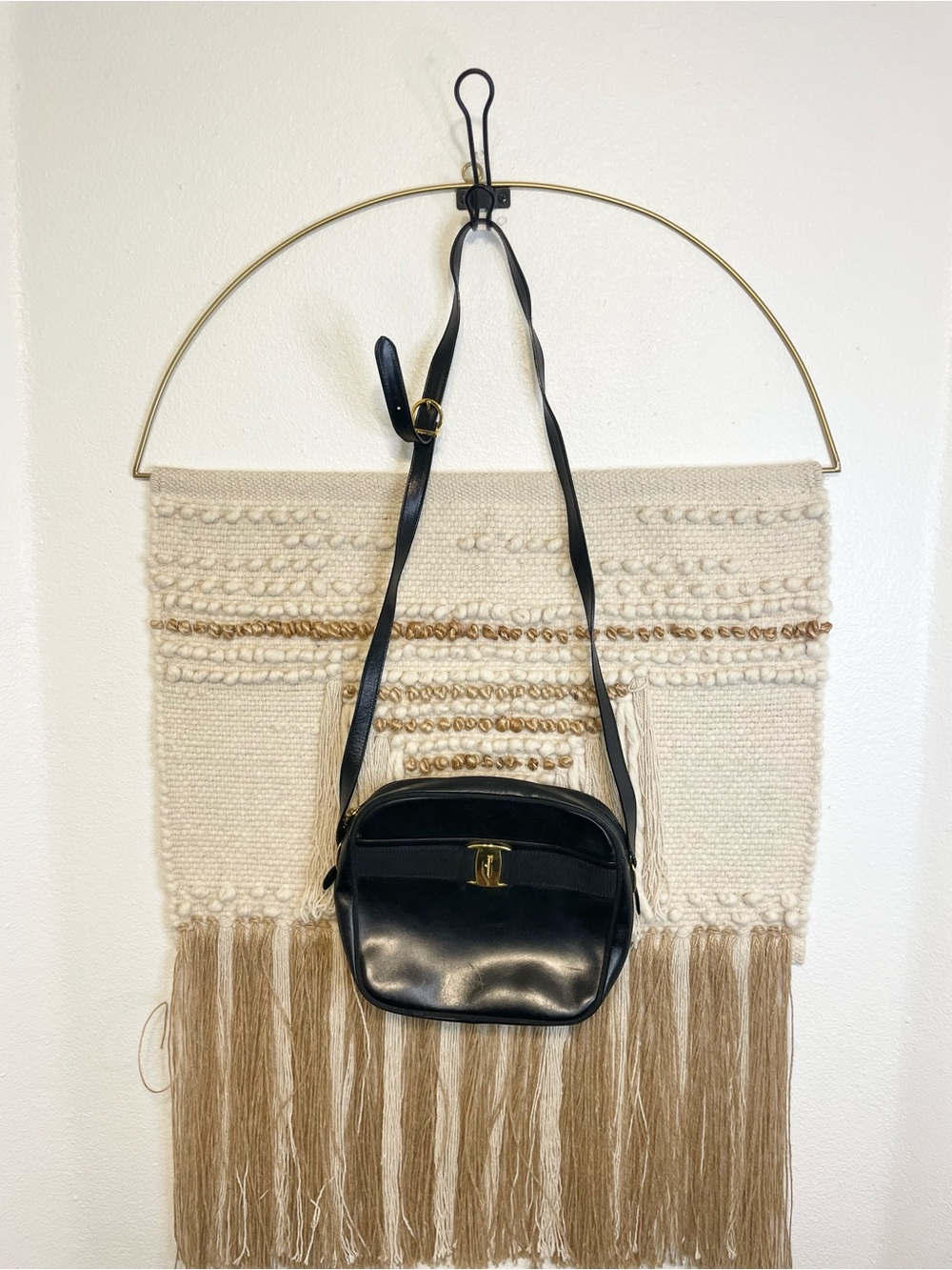 Vintage Salvatore Ferragamo Black Crossbody Bag with Gold Logo Accent